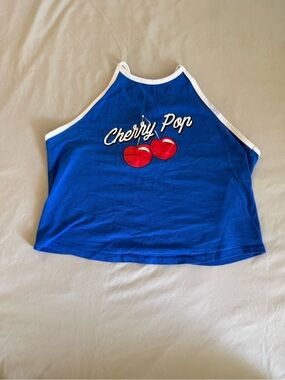 Cherry Pop Blue Graphic Halter Top with Red Cherry Print from Forever 21